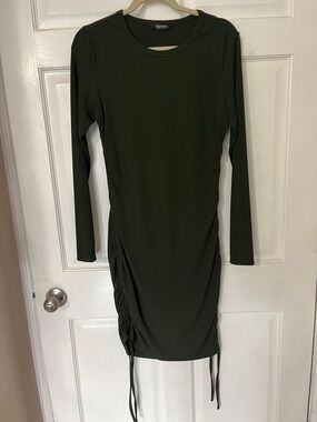 Long-Sleeve Olive Green Ruched Side Dress